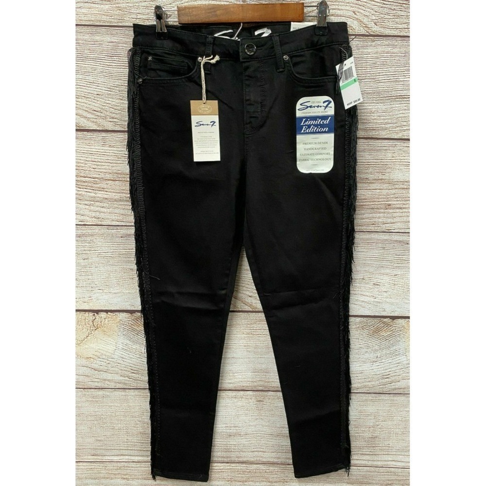 Seven7 Stretch Jeans Womens 8 Black Mid Rise Skinny Tassle Sides Jeans New